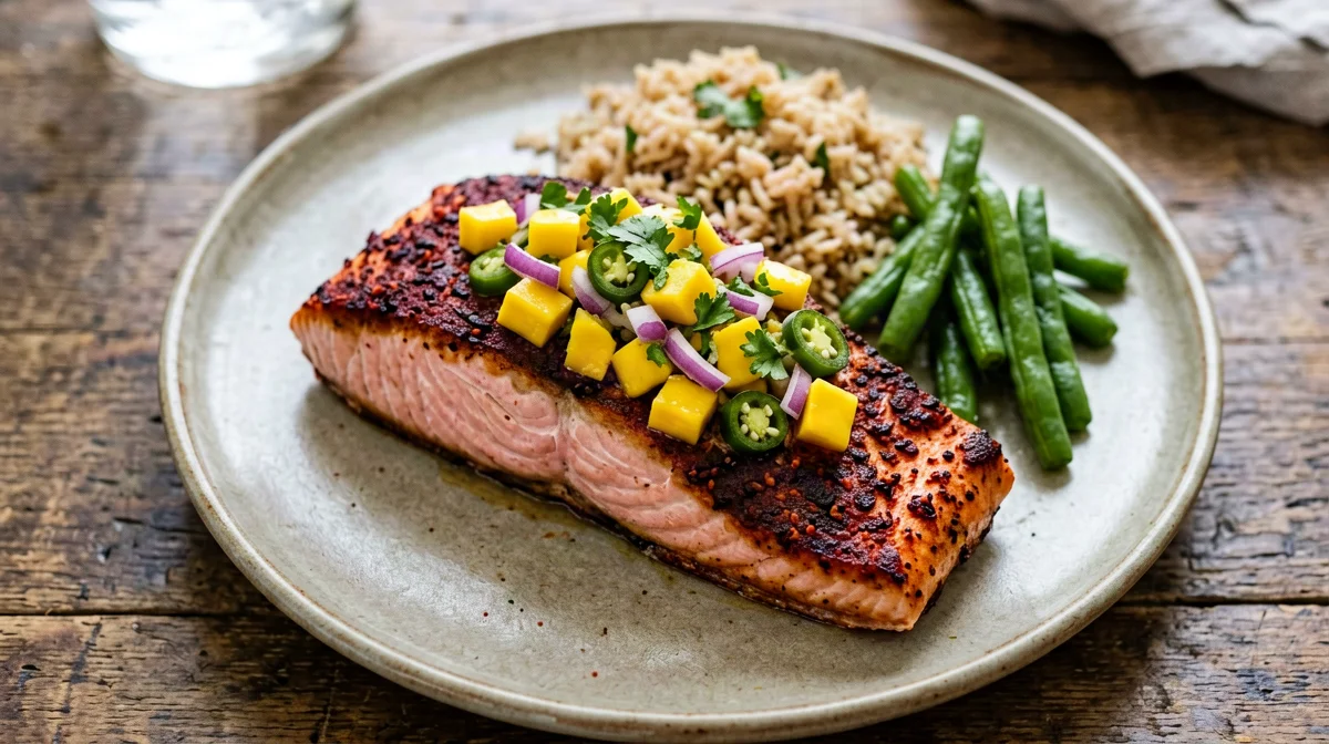 Salmone in crosta di spezie messicane con salsa di mango e riso