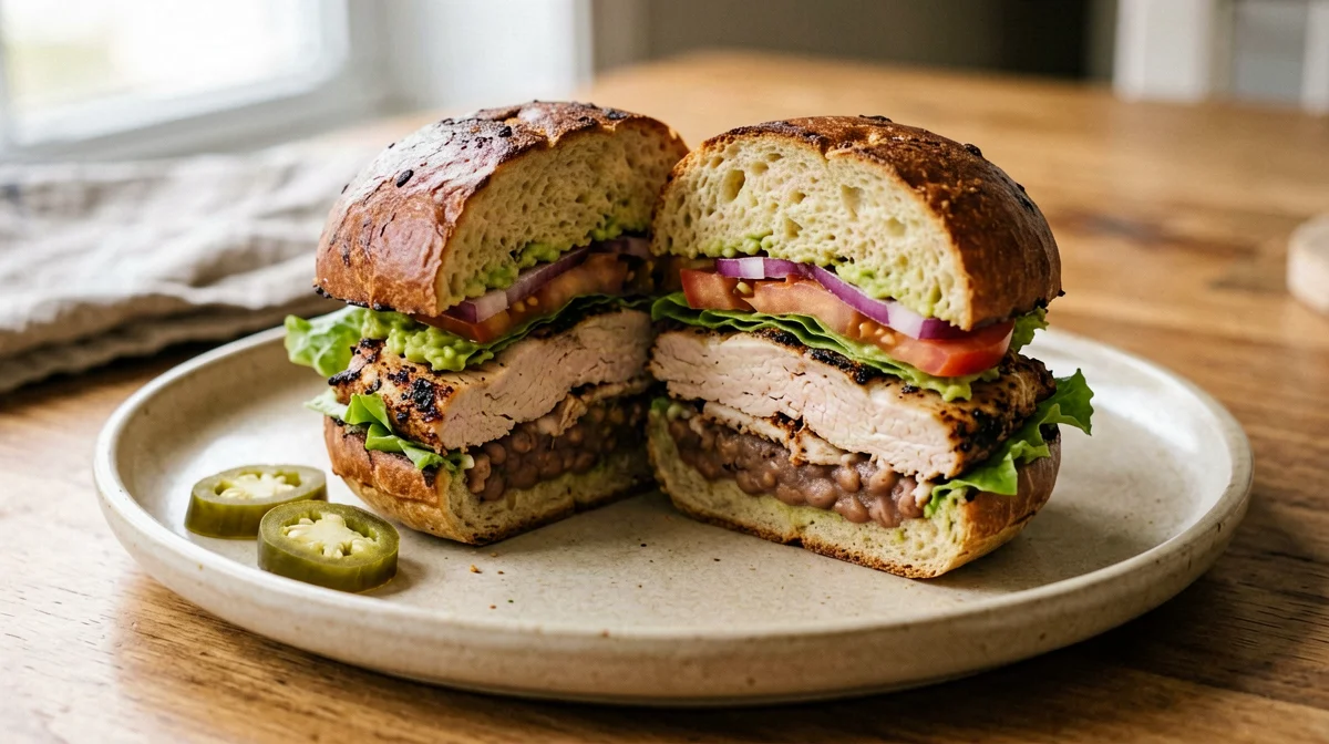 Mexican turkey torta with beans, avocado and jalapeño