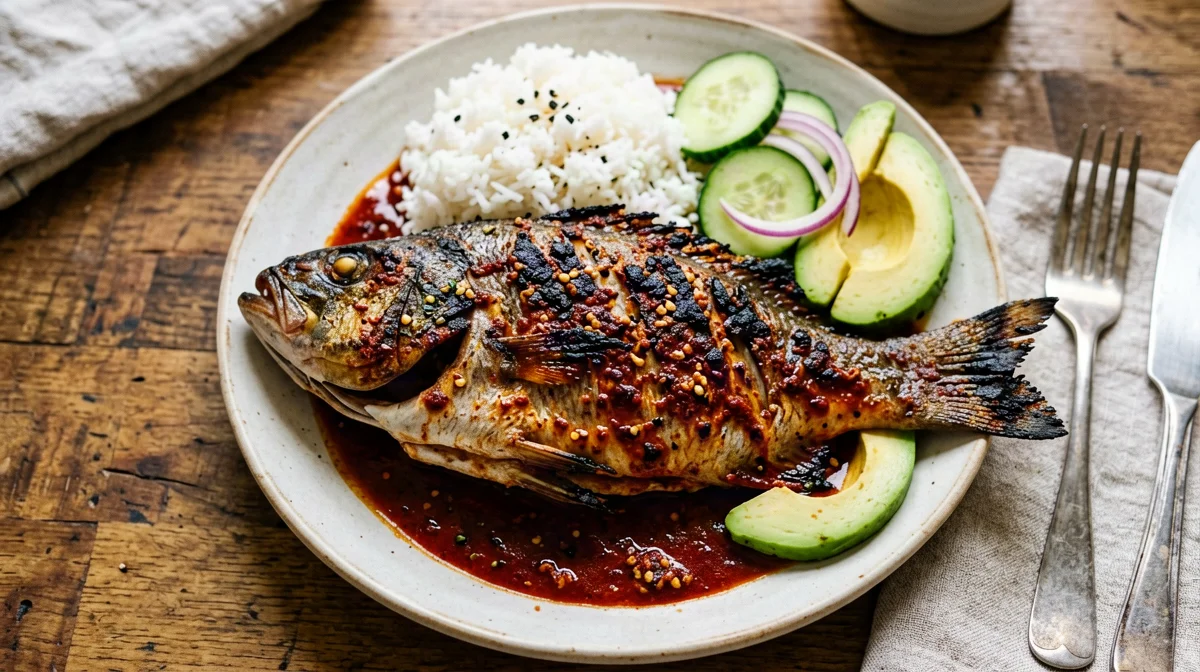 Pescado zarandeado: adobo-grilled snapper with rice and salad