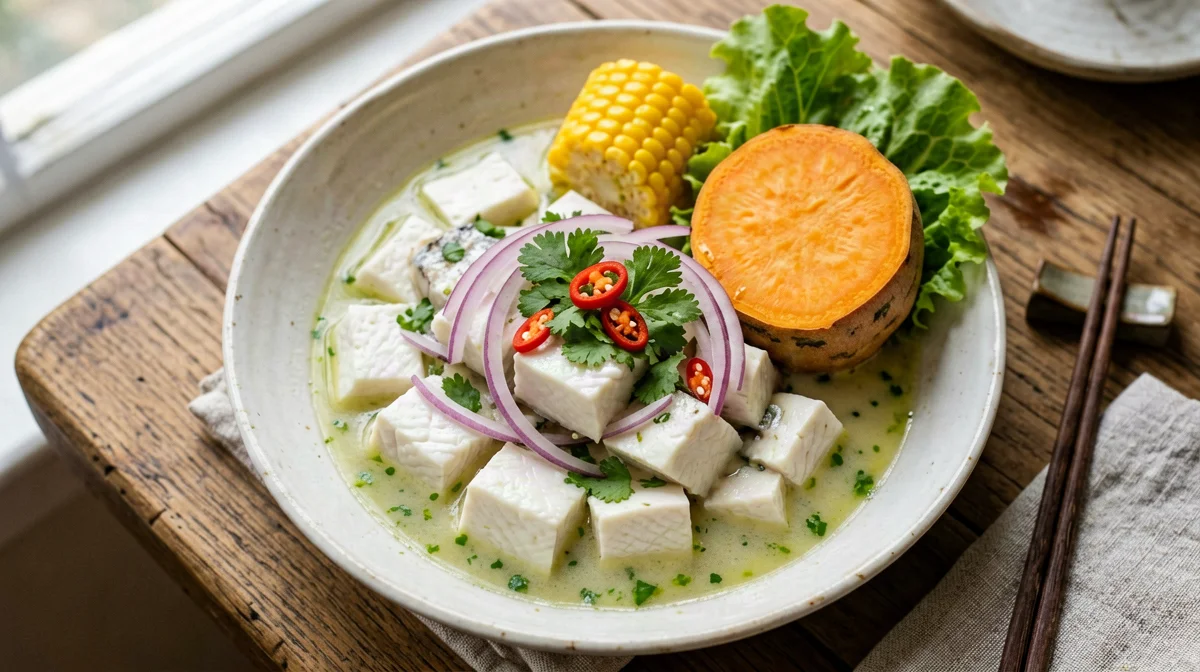 Ceviche peruviano di branzino con patata dolce e mais