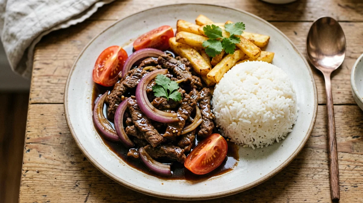 Lomo saltado leggero con riso e patate al forno