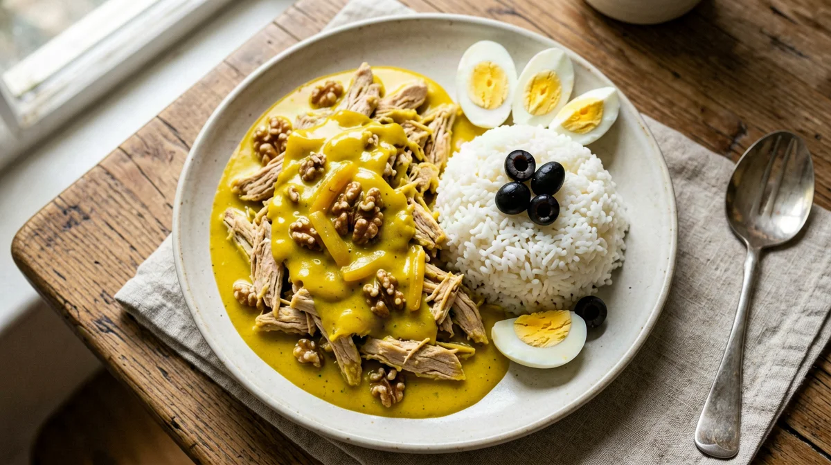 Ají de gallina leggero con riso, uovo e olive