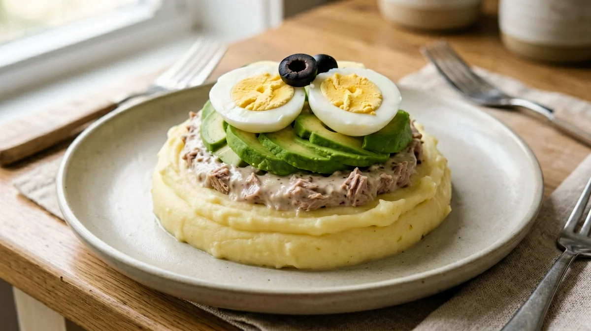 Causa limeña: lime potato stack with tuna and avocado