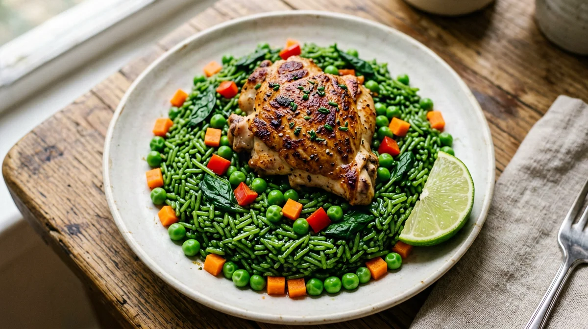 Arroz con pollo peruviano al coriandolo con piselli e peperoni
