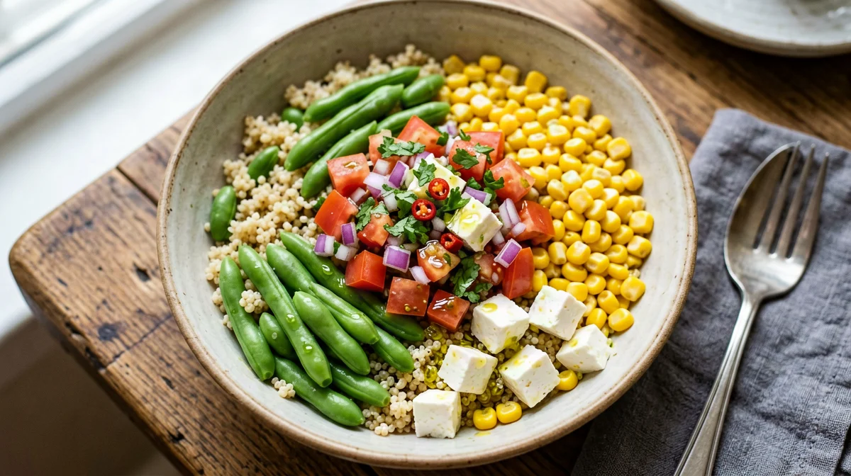 Andean quinoa bowl with broad beans, corn and queso fresco