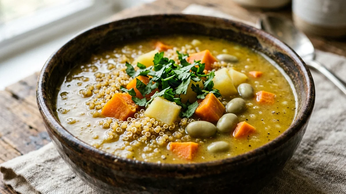 Andean quinoa soup with squash, broad beans and coriander