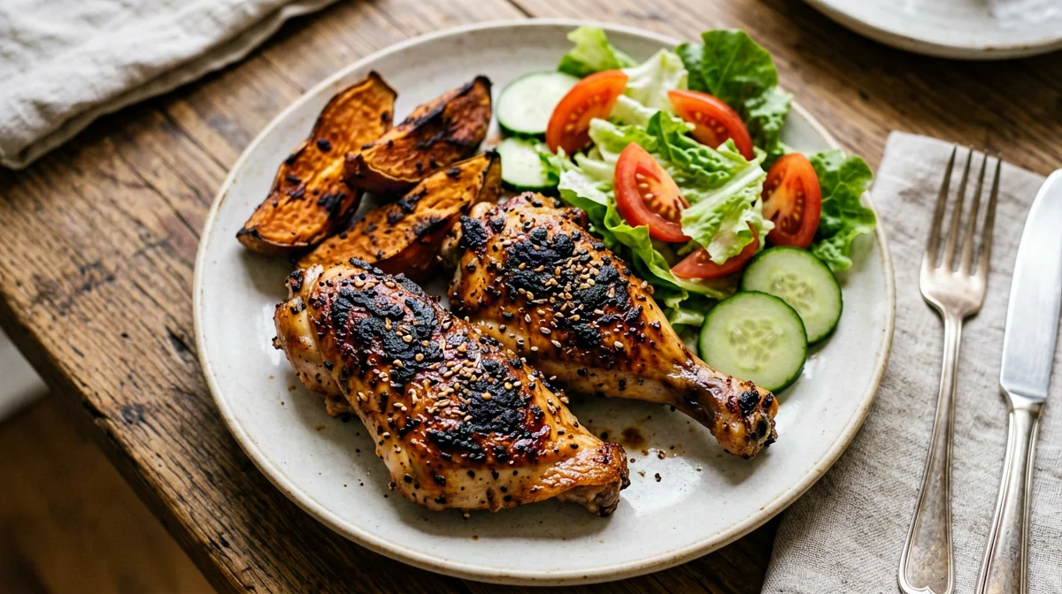 Oven pollo a la brasa with salad and sweet potatoes
