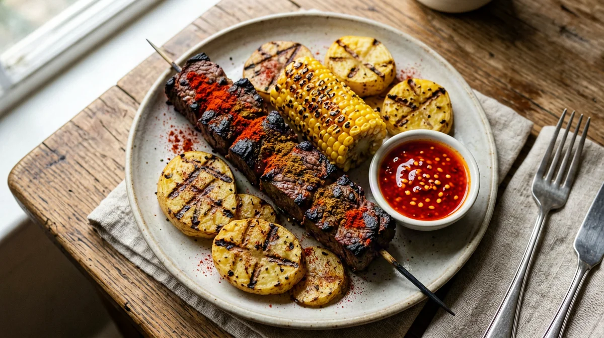 Beef anticuchos with potatoes, corn and chilli sauce