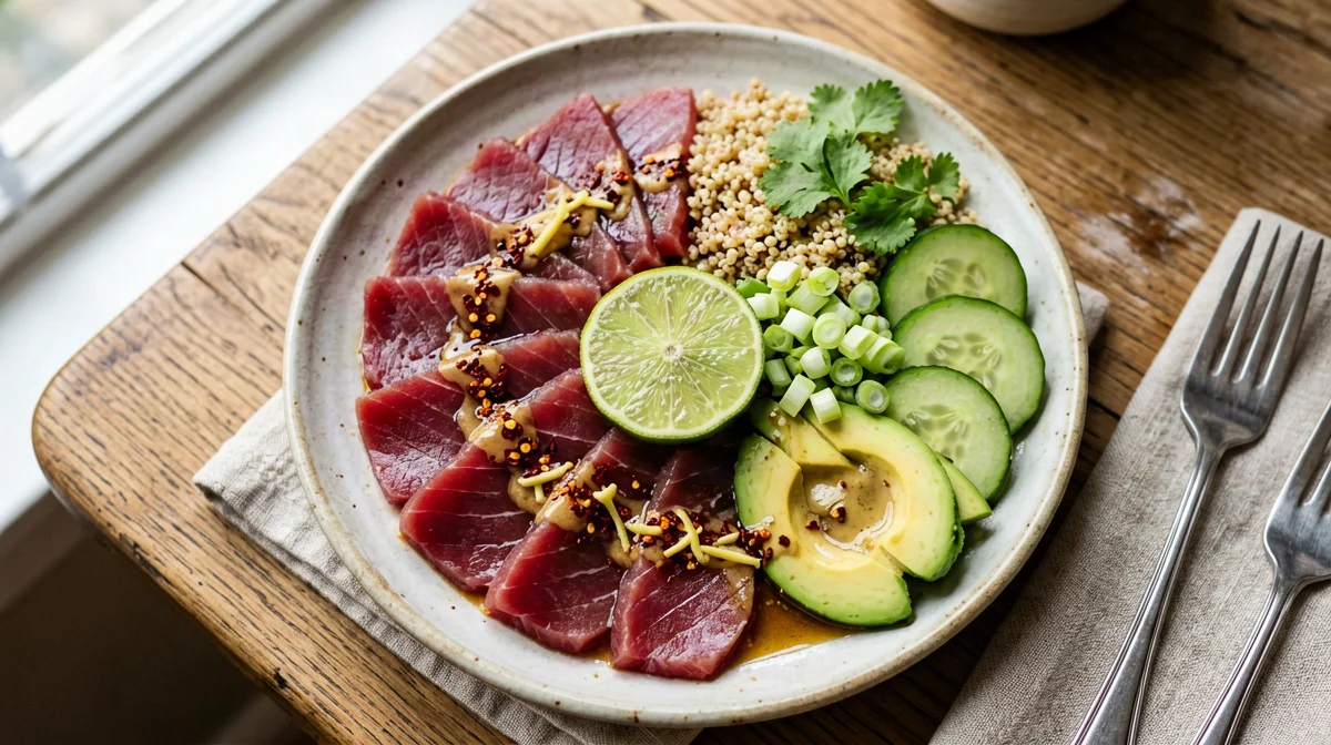 Tiradito di tonno con salsa al lime, quinoa e avocado