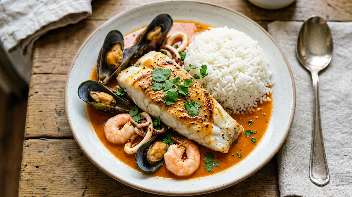 Merluzzo a lo macho con salsa di frutti di mare e riso