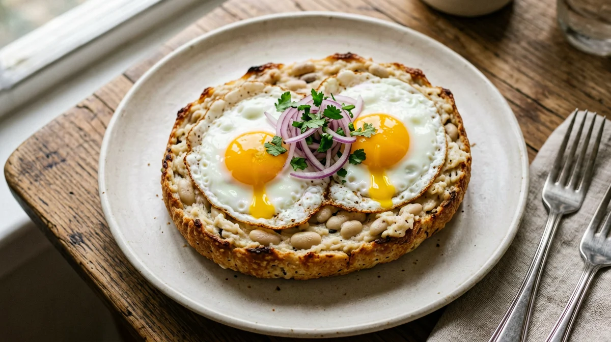 Bean and rice tacu tacu with egg and salsa criolla