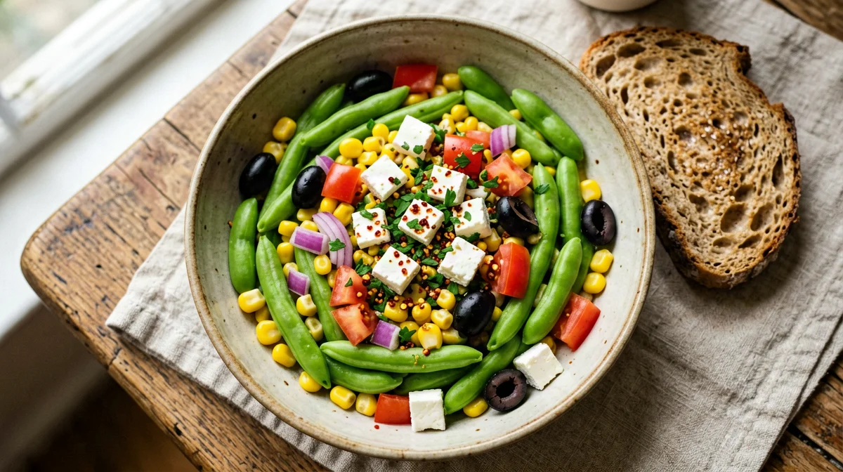 Solterito arequipeño with broad beans, corn, cheese and olives