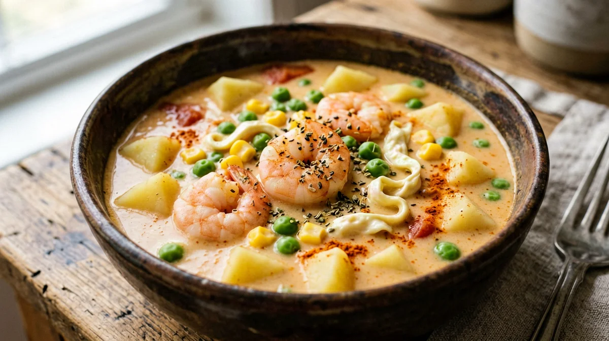 Light chupe de camarones with potatoes, corn and egg