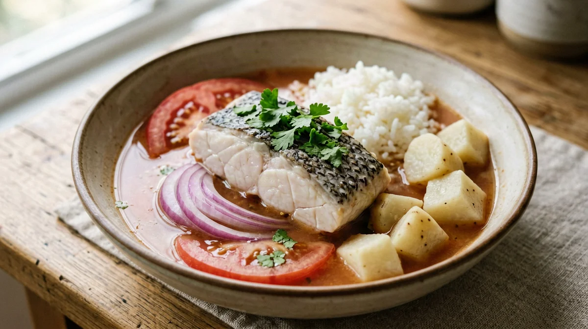 Peruvian sudado de pescado with rice and cassava
