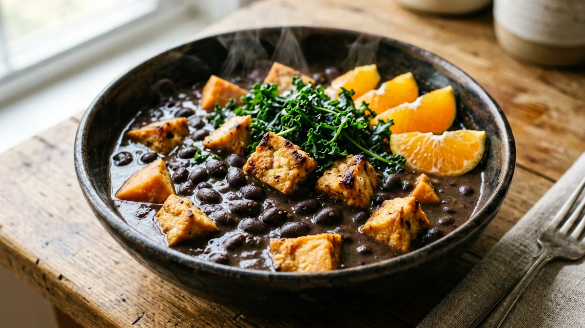 Feijoada vegana con tofu affumicato e patate dolci