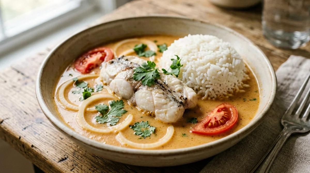 Bahian fish moqueca in coconut milk with rice