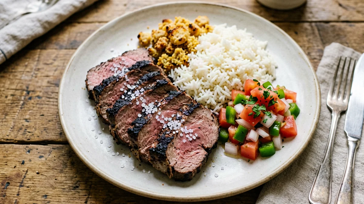 Churrasco di controfiletto con vinagrete, farofa leggera e riso