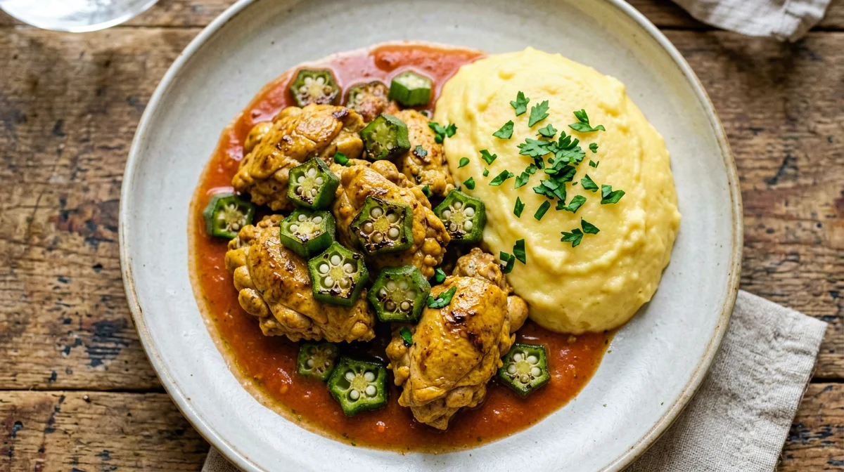 Frango com quiabo: pollo con okra e polenta morbida