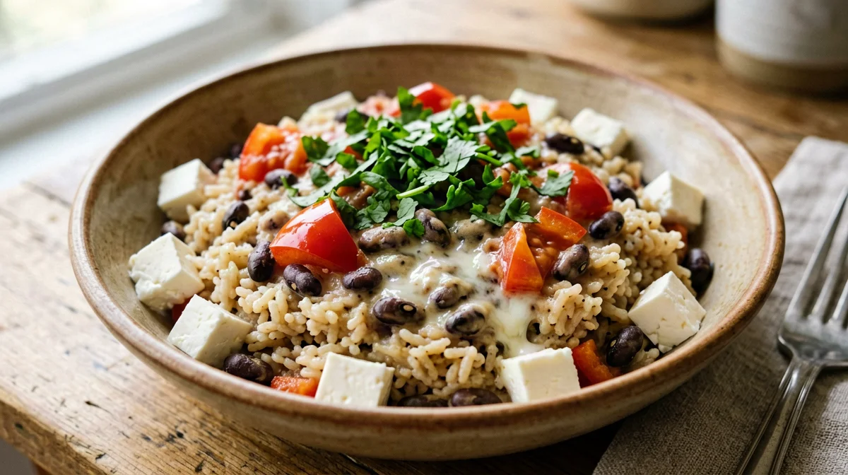 Baião de dois con fagioli dall'occhio, riso e queso fresco