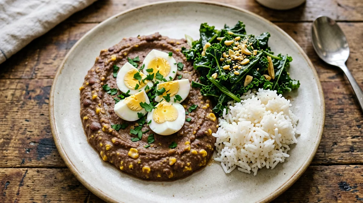 Tutu de feijão with egg, greens and rice