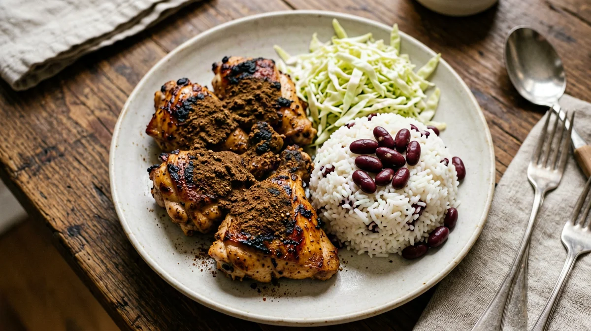 Jamaican jerk chicken with coconut rice and peas