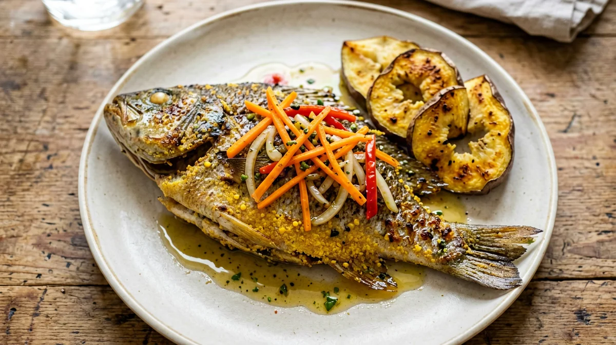 Tilapia escovitch with pickled vegetables and baked plantain