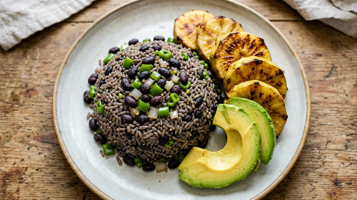 Moros y cristianos with baked plantain and avocado