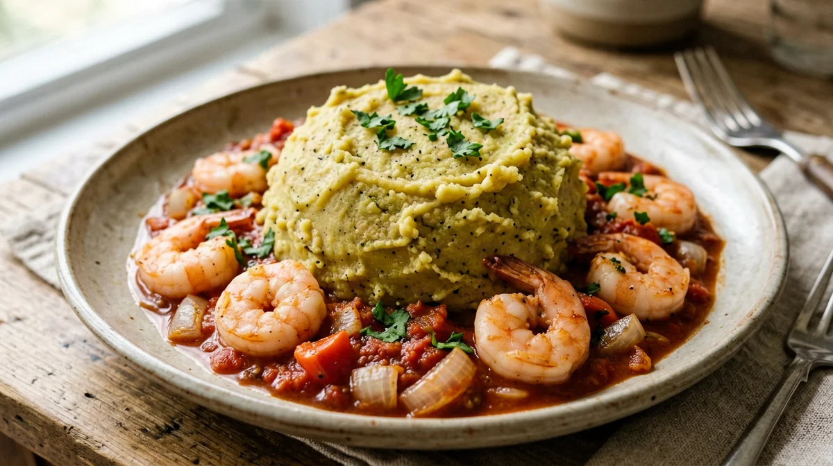 Light plantain mofongo with shrimp in criolla sauce