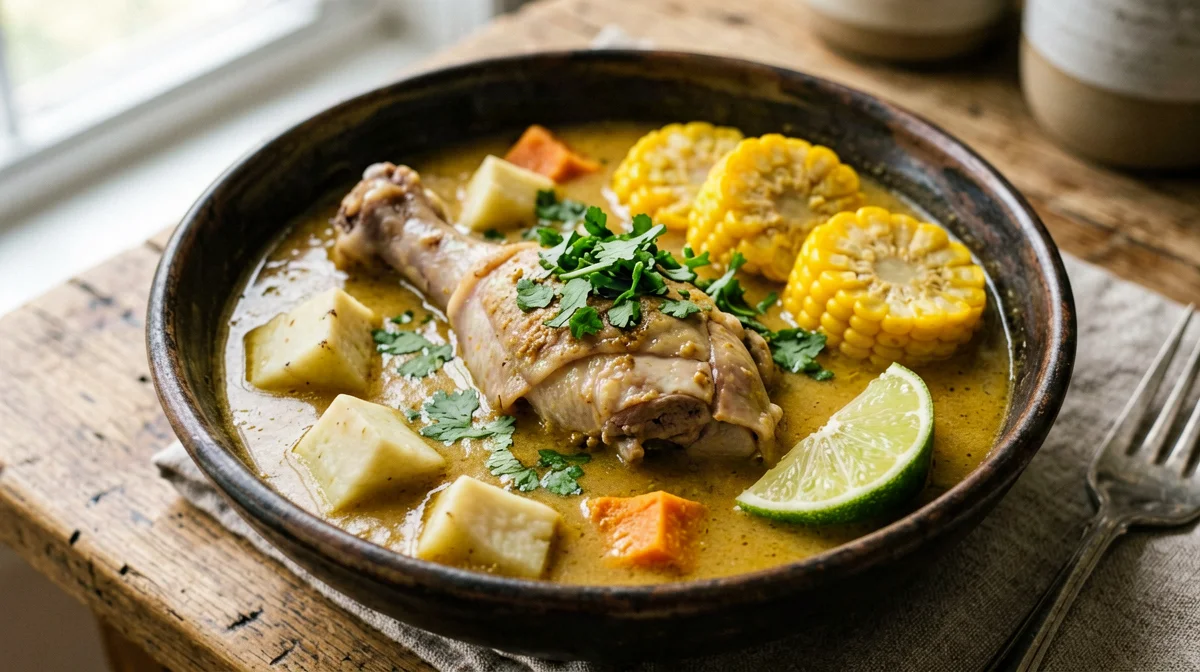 Sancocho dominicano leggero con pollo, manioca e mais