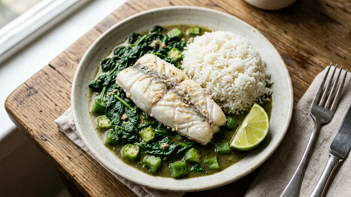 Callaloo di spinaci e okra con merluzzo al vapore