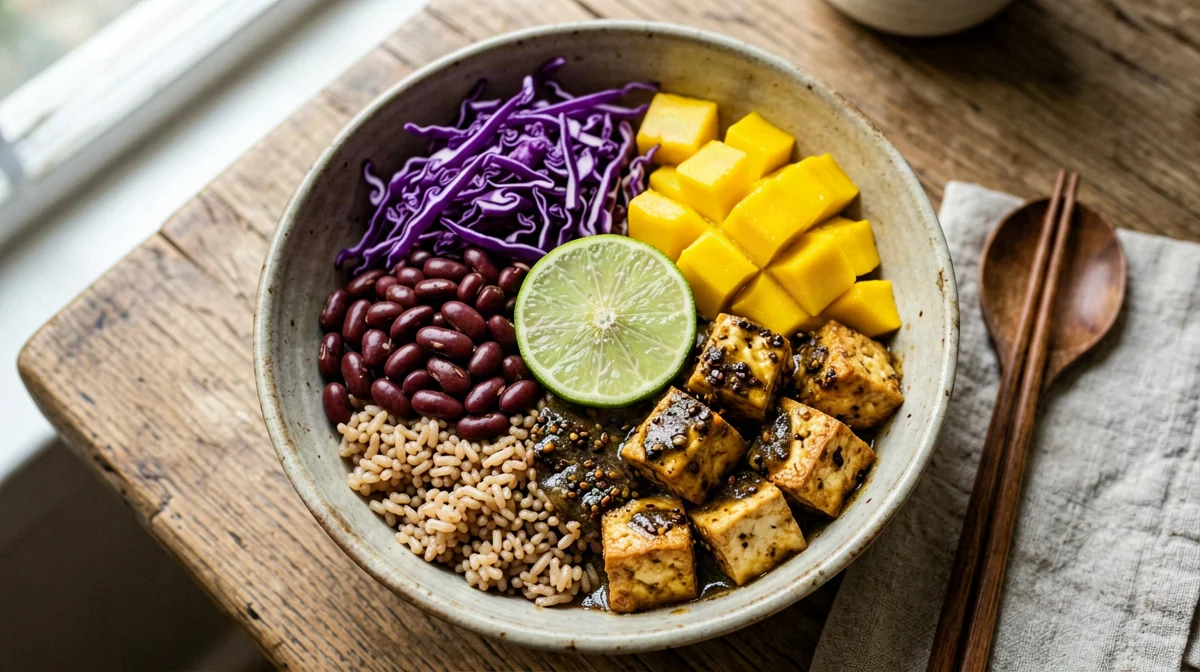 Bowl di tofu jerk con mango, riso integrale e fagioli