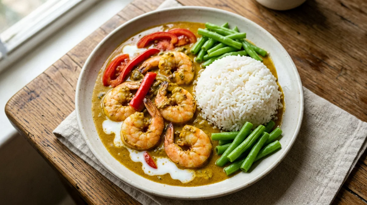 Jamaican curry shrimp with rice and green beans
