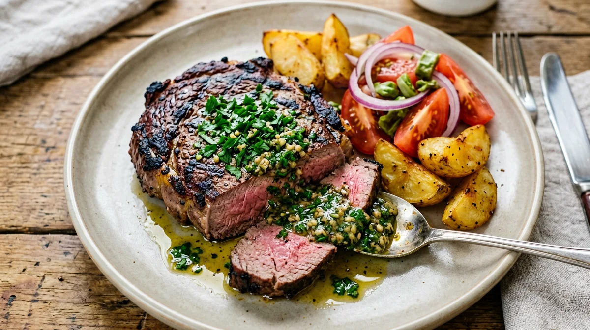 Bistecca al chimichurri con patate arrosto e insalata criolla
