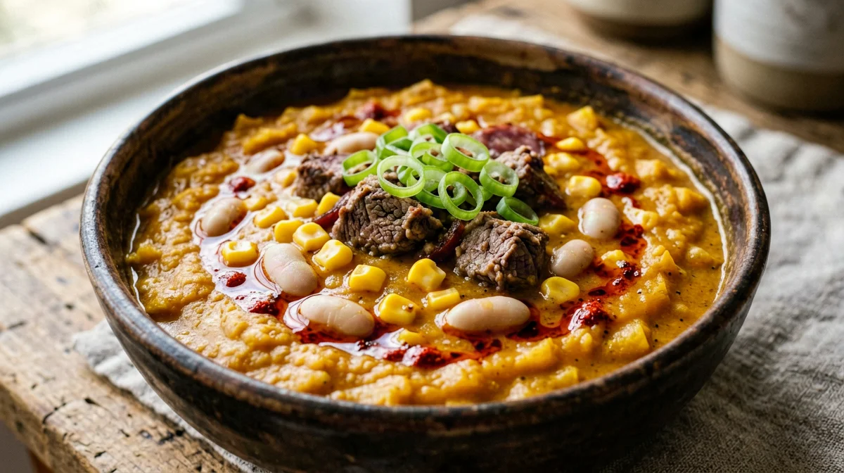 Light Argentine locro with squash, corn and beans
