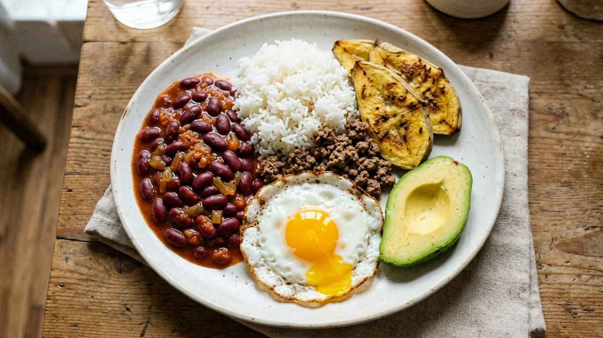 Light bandeja paisa with beans, rice, egg and avocado