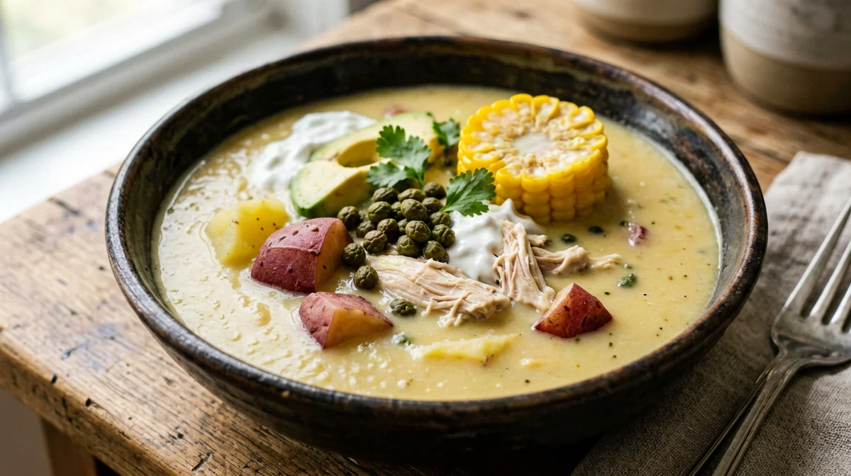 Ajiaco bogotano di pollo con patate, mais e capperi