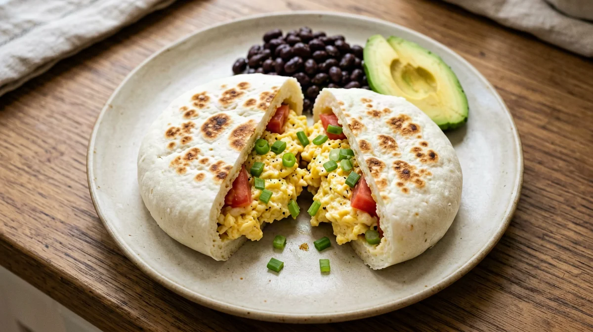 Arepas with perico scrambled eggs and black beans