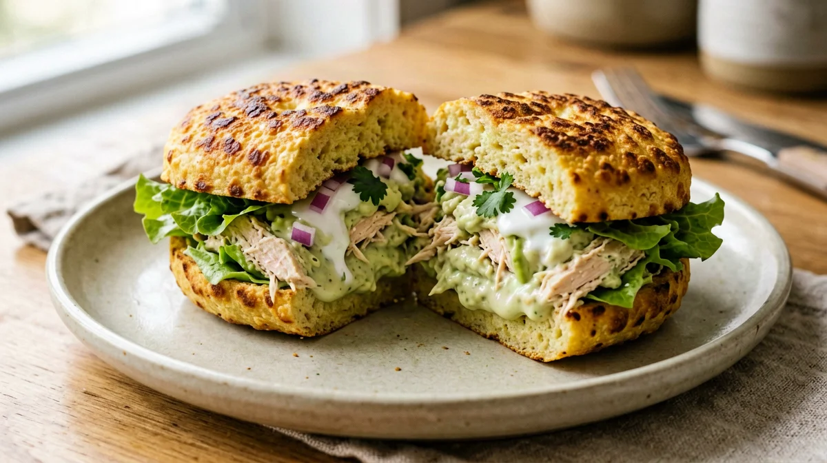 Arepa reina pepiada with chicken, avocado and yogurt