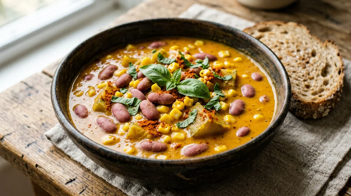 Porotos granados cileni con zucca, mais e basilico