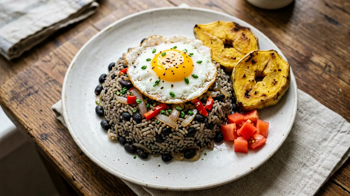 Costa Rican gallo pinto with egg, plantain and pico de gallo