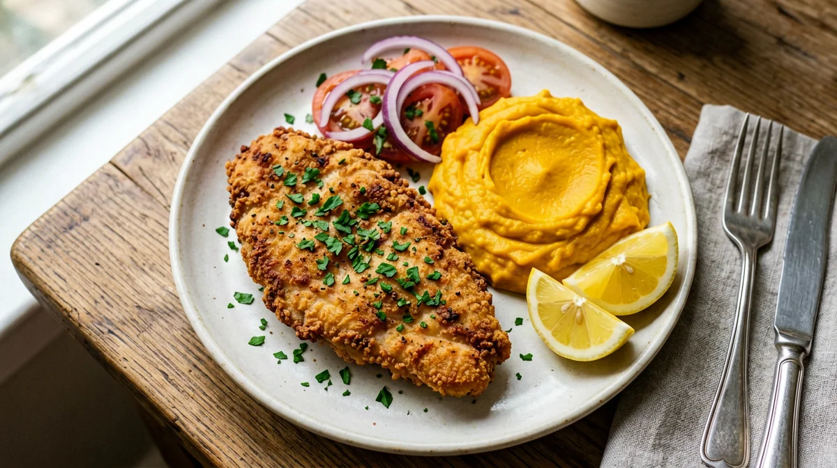 Baked chicken milanesa with criolla salad and squash mash