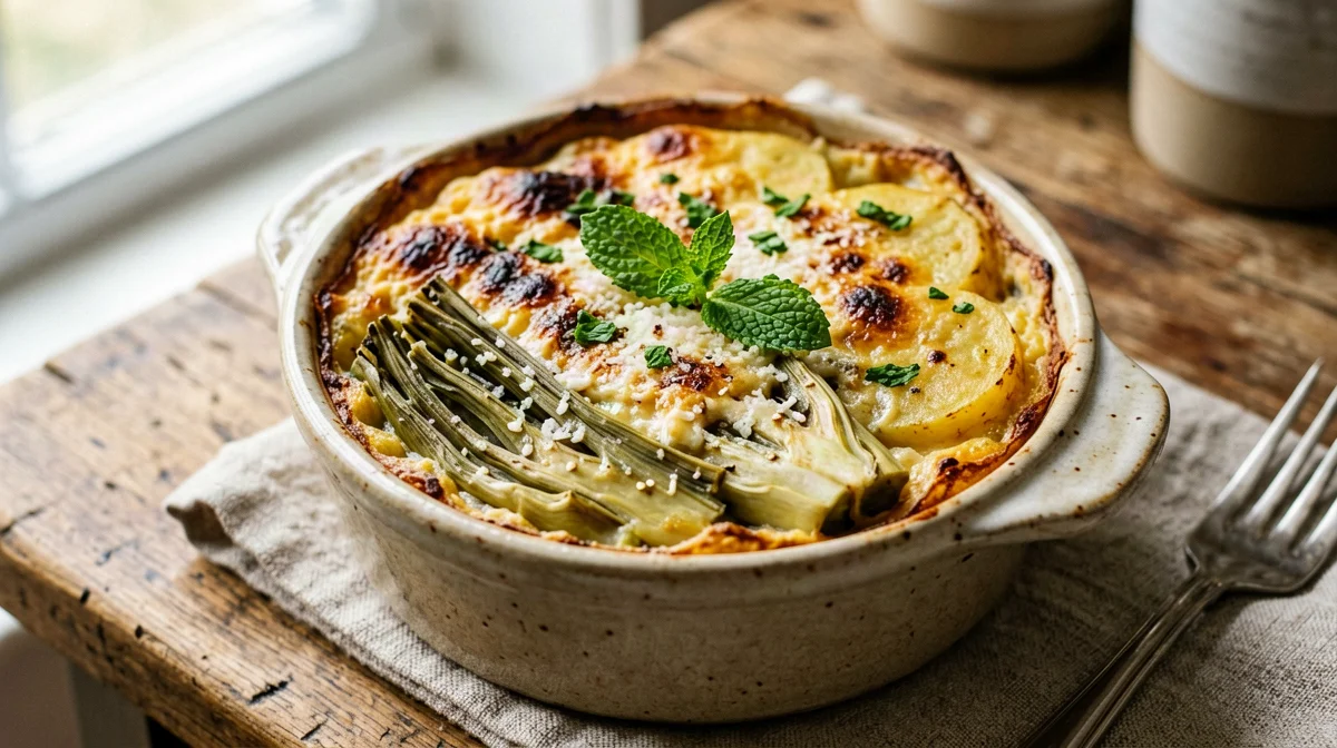 Baked artichoke and egg pie with mint
