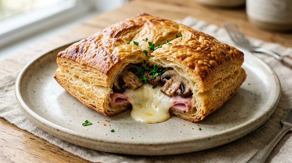Puff pastry parcel with ham and mushrooms