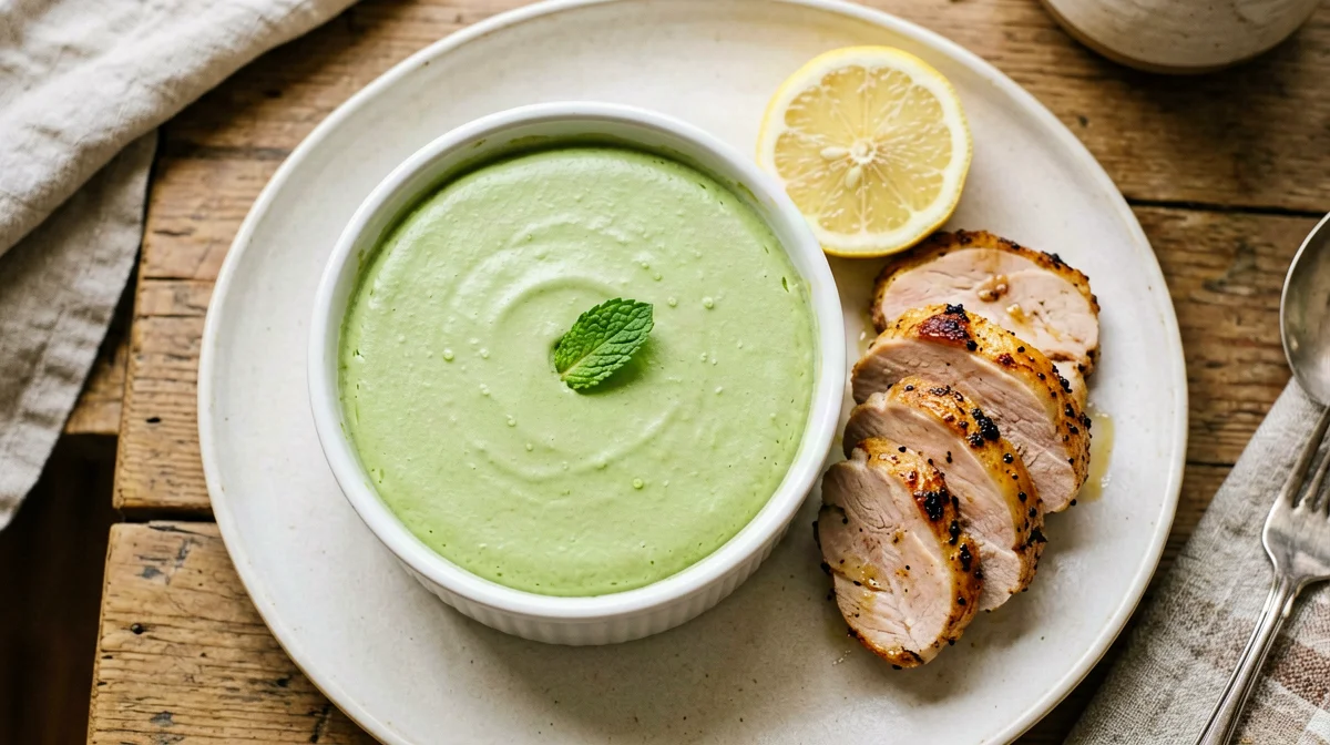 Pea and mint flan with seared turkey