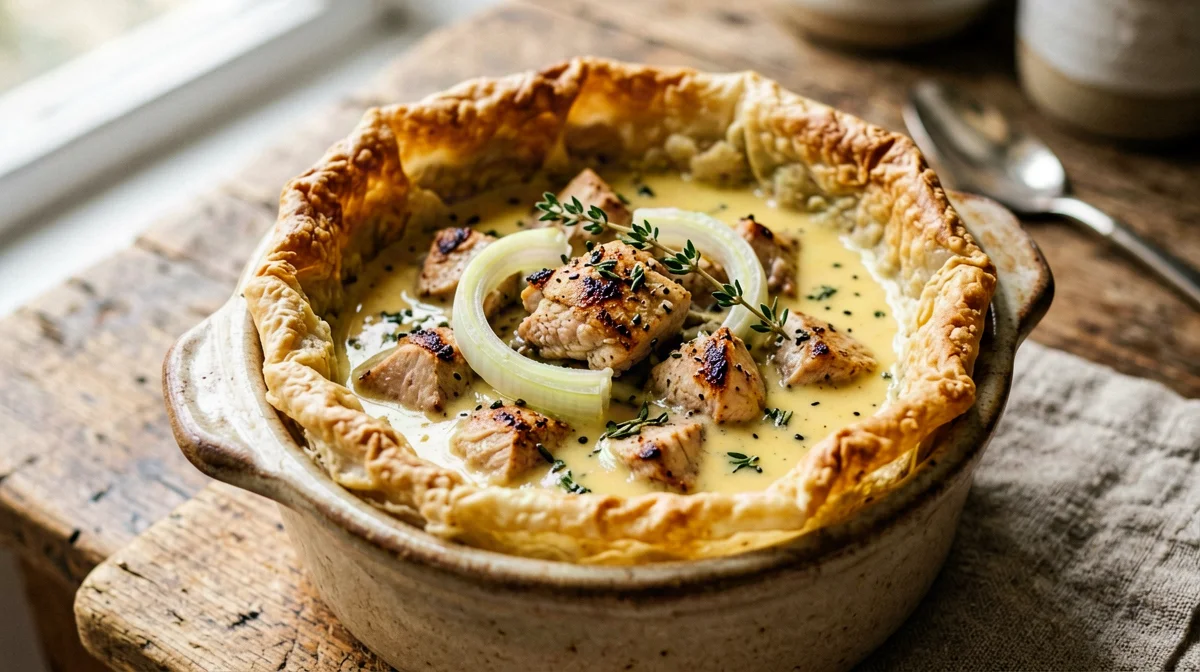 Phyllo pie with chicken, leeks and mustard