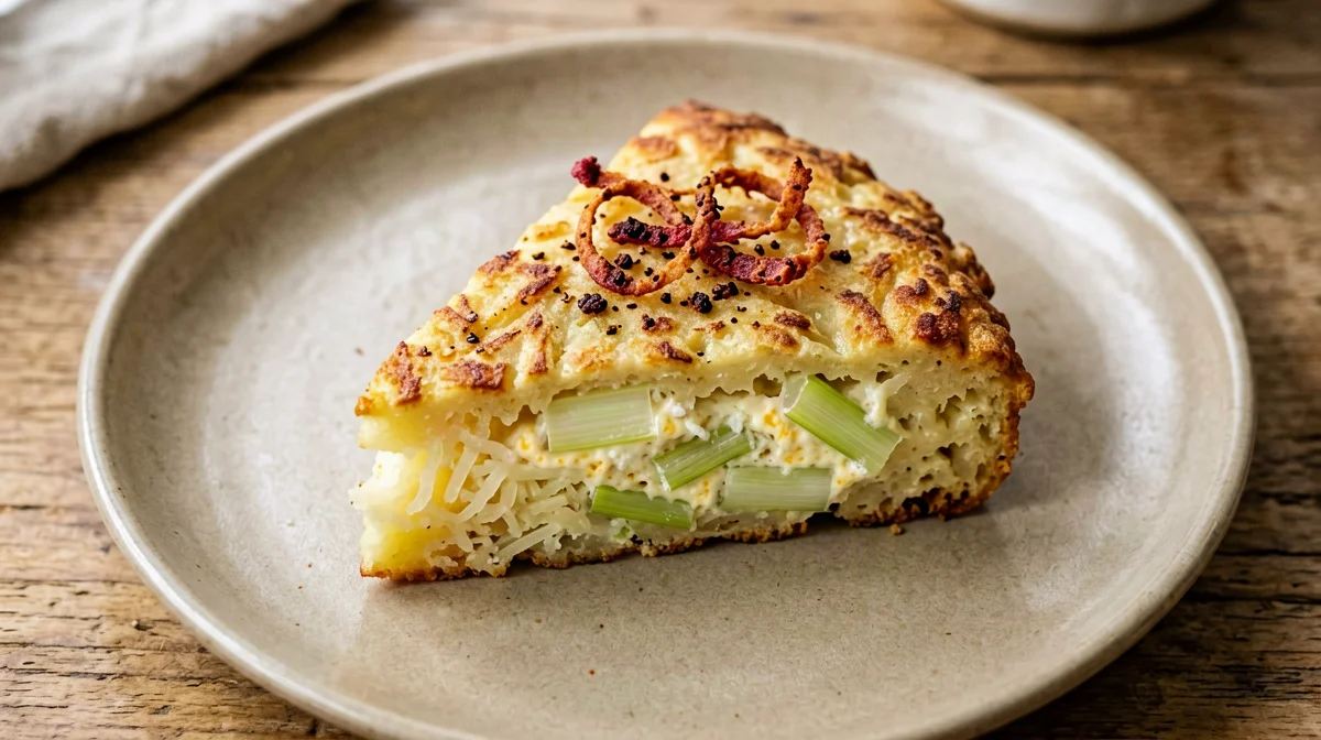 Torta di patate e porri con speck croccante