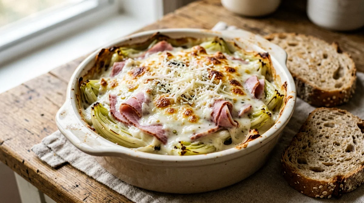 Finocchi gratinati con prosciutto cotto e besciamella light