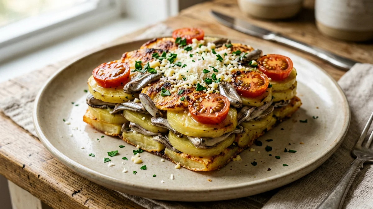 Anchovy and potato tiella with pecorino