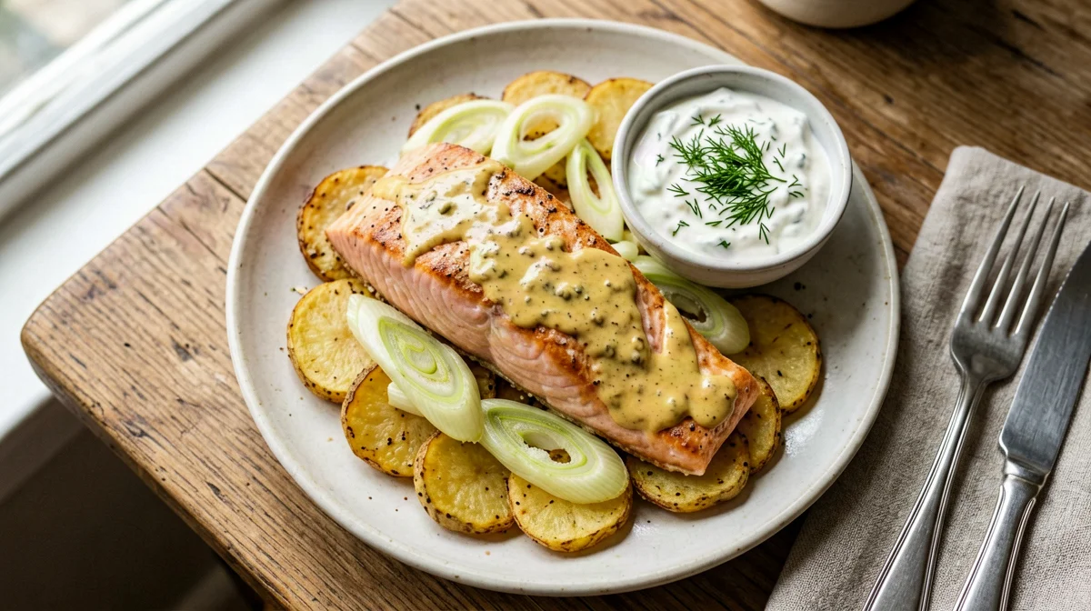 Tortino di porri e patate con salmone al forno