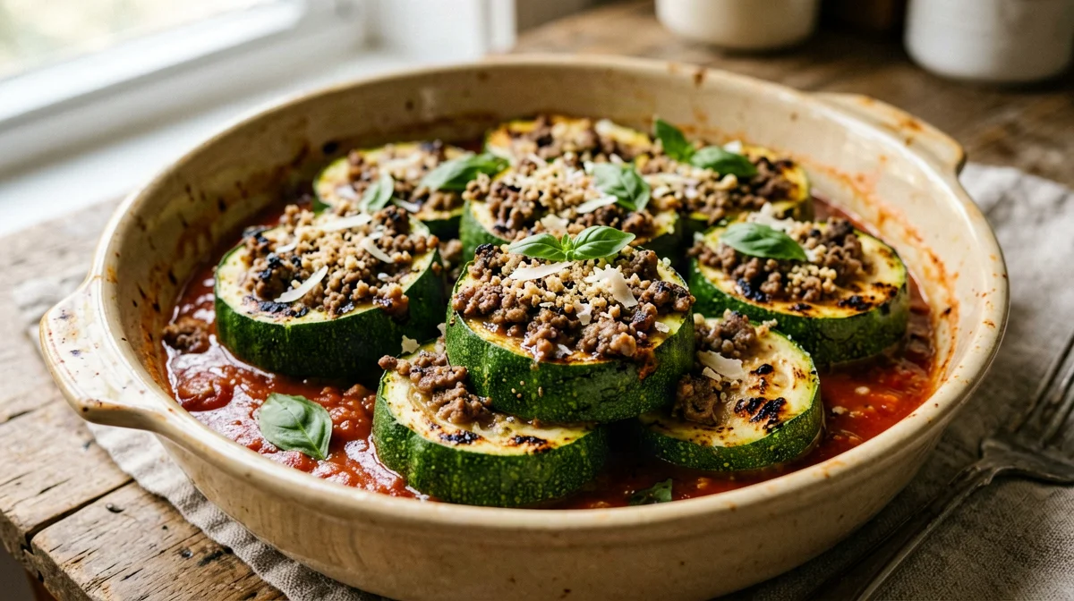 Round zucchini stuffed with lean beef and Parmigiano